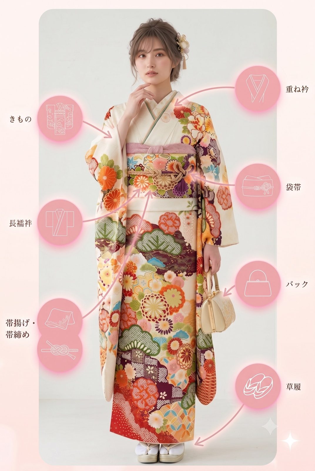 振袖フルセットの内容:きもの・長襦袢・帯揚げ・帯締め・重ね衿・袋帯・バック・草履