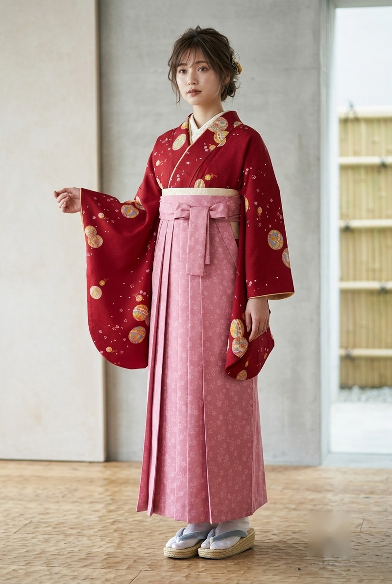 赤地に桃花