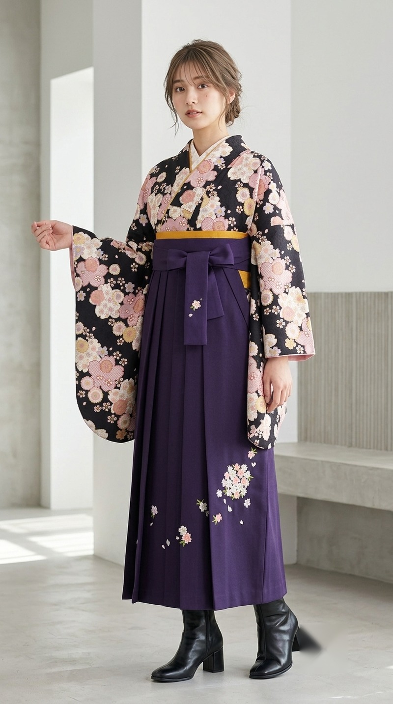 黒地に桃花