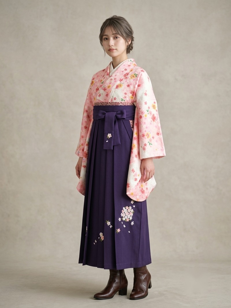 桃地に白花